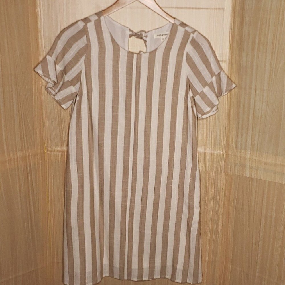 First Monday Womens Tan White Stripe Linen Blend Short Sleeve Dress Small